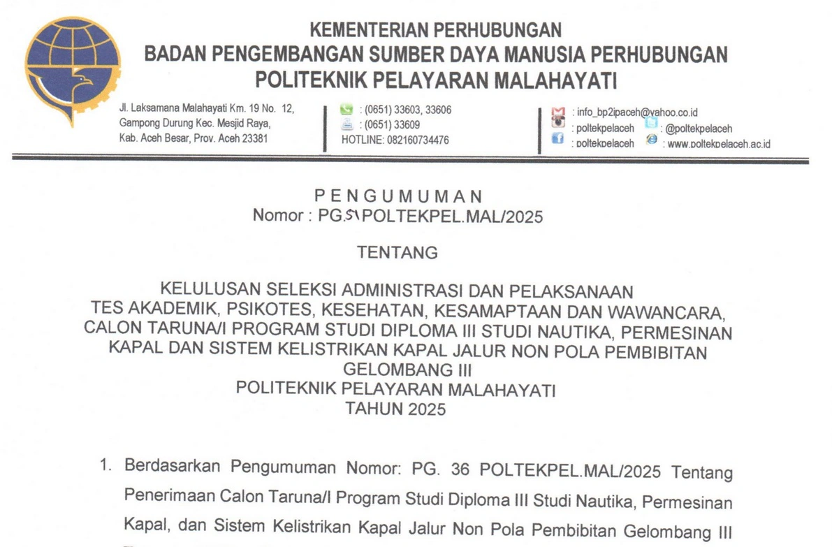PG 51 KELULUSAN SELEKSI ADM DAN PELAKSANAAN SELEKSI LANJUTAN PROGRAM DIPLOMA III SIPENCATAR GEL 3